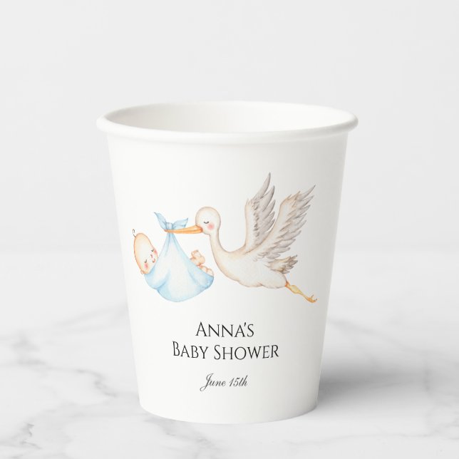 Gobelets En Papier Baby shower de cigogne pour bébé bleu (Recto)