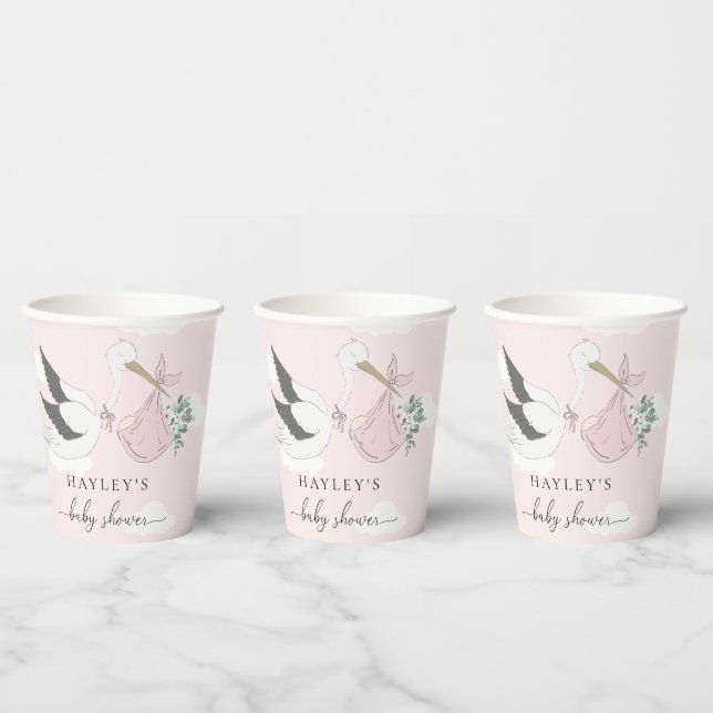 Gobelets En Papier Baby shower de cigogne rose (Multi)