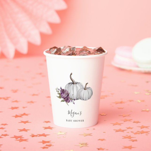 Gobelets En Papier Baby shower de Citrouille floral pourpre (Insitu)