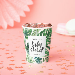 Gobelets En Papier baby shower de feuillage tropical noir et blanc
