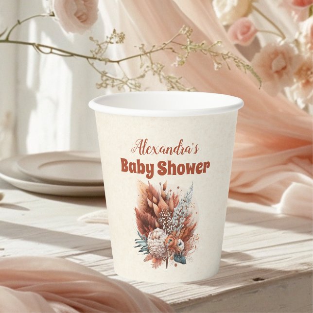 Gobelets En Papier Baby shower de fleurs en terre cuite rouille (Créateur téléchargé)
