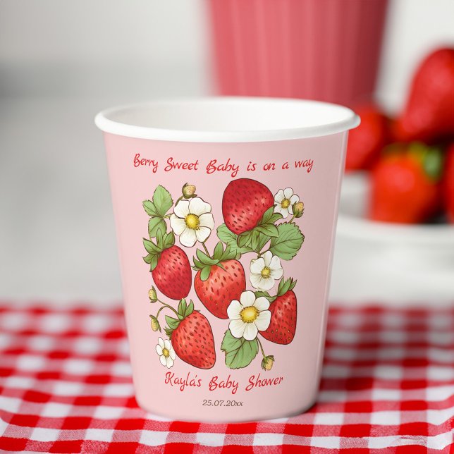 Gobelets En Papier Baby shower de fraise Berry (Berry sweet summer strawberry baby shower customized paper cups personalized tableware)