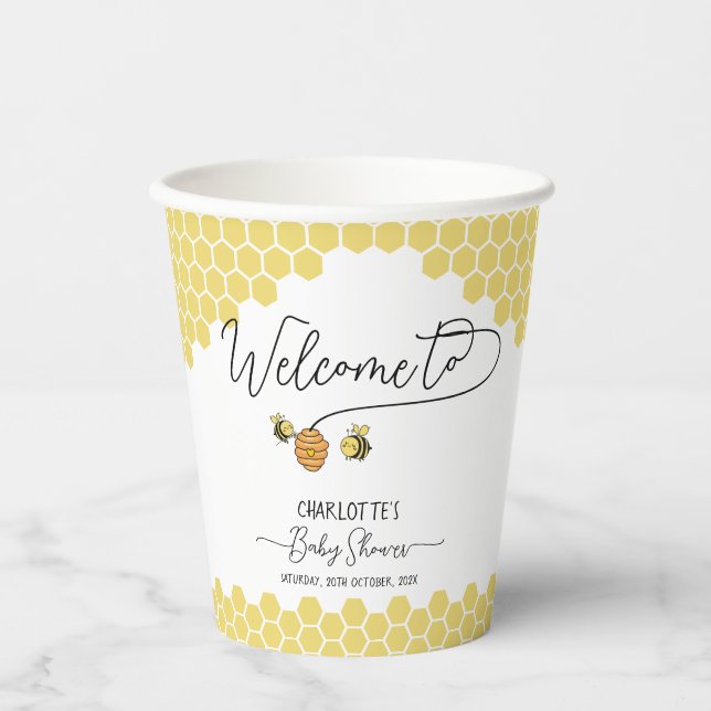 Gobelets En Papier Baby shower de nid d'abeille mignonne (Recto)