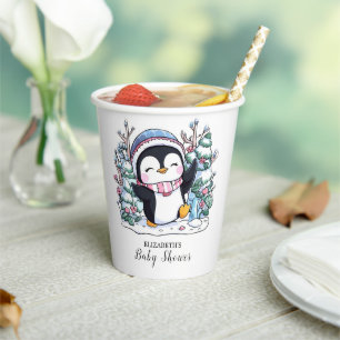 Gobelets En Papier Baby shower de pingouin élégant en hiver