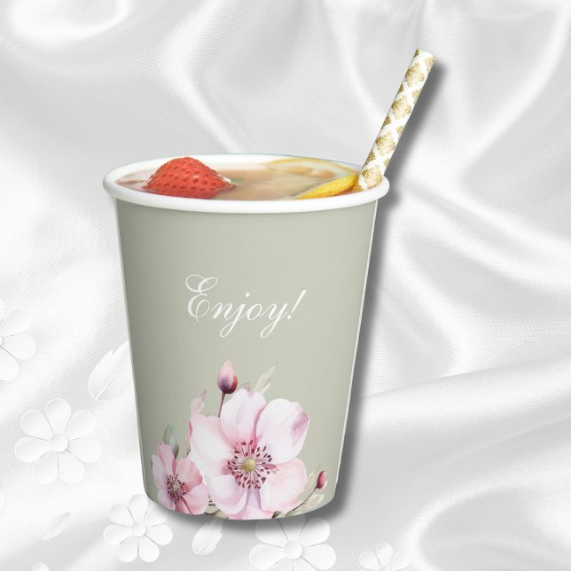 Gobelets En Papier Baby shower de roses florales vertes Sage (Créateur téléchargé)