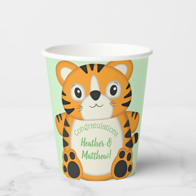 Gobelets En Papier Baby shower de tigre vert (Recto)