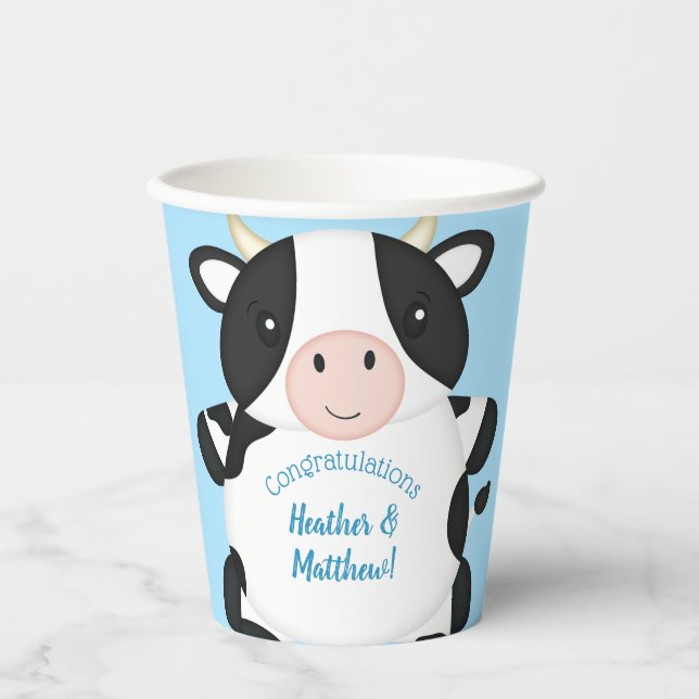 Gobelets En Papier Baby shower de vache bleu (Recto)