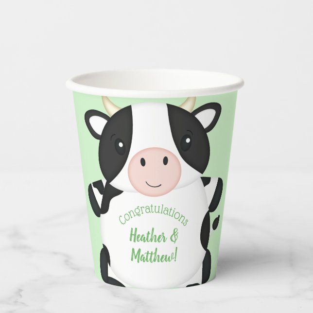 Gobelets En Papier Baby shower de vache vert (Recto)