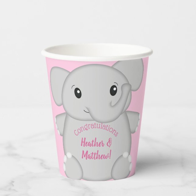 Gobelets En Papier Baby shower d'éléphant rose (Recto)