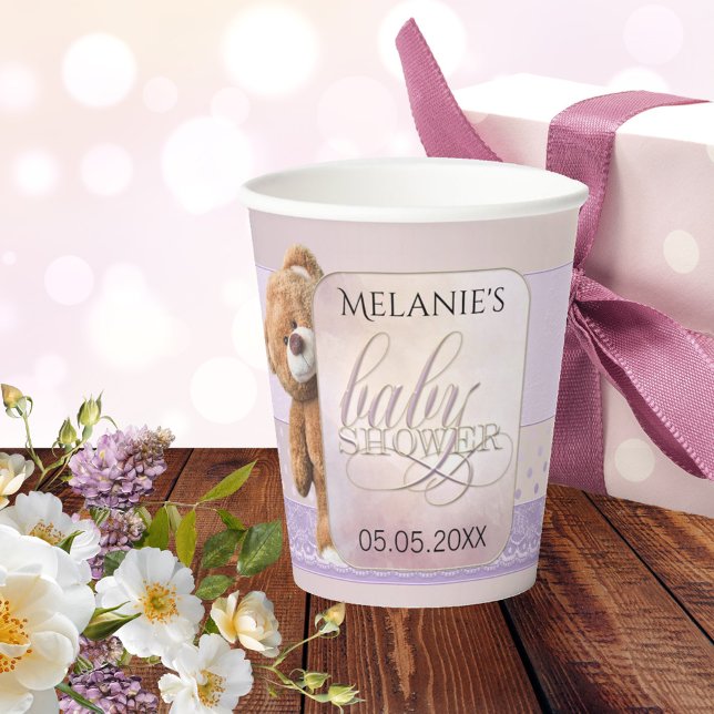 Gobelets En Papier Baby shower d'ours en peluche doux Lilac (Créateur téléchargé)
