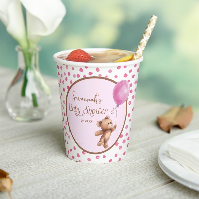 Gobelets En Papier Baby shower d'ours en peluche Pois rose (Insitu)