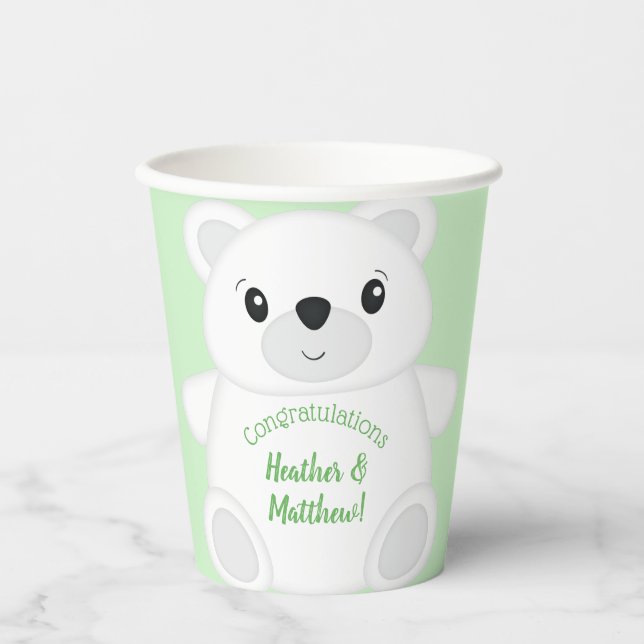 Gobelets En Papier Baby shower d'ours polaire vert (Recto)