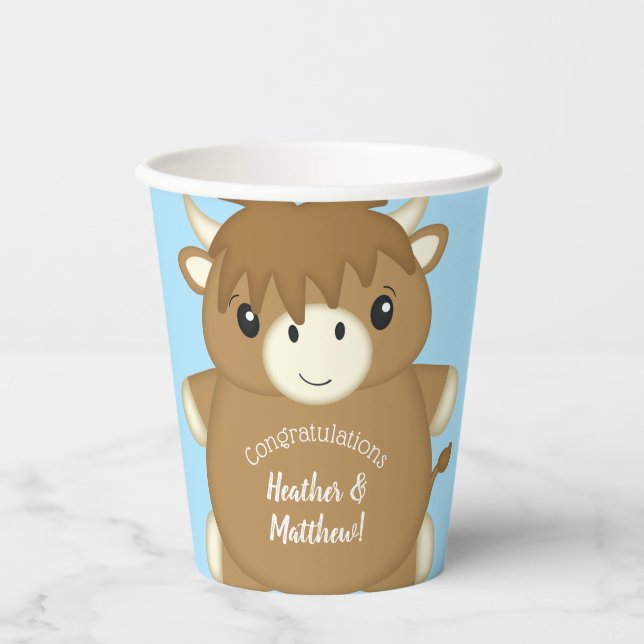 Gobelets En Papier Baby shower écossais de vache Highland Blue (Recto)