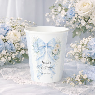 Gobelets En Papier Baby Shower Élégant Nœud Papillon Floral Bleu