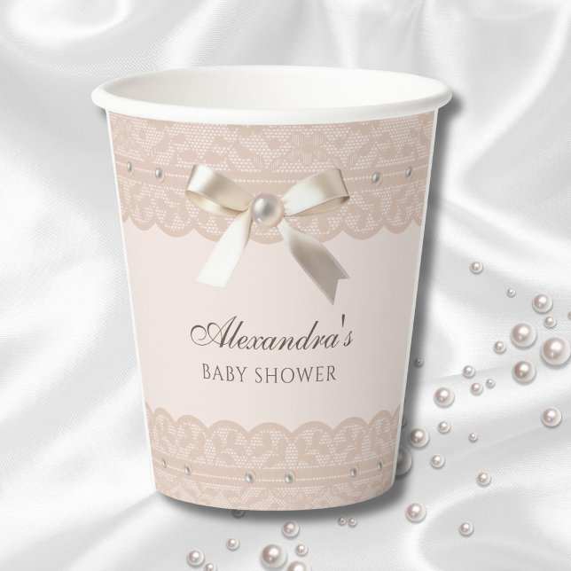 Gobelets En Papier Baby shower en dentelle rose Pearl Satin Bow Regen (Créateur téléchargé)