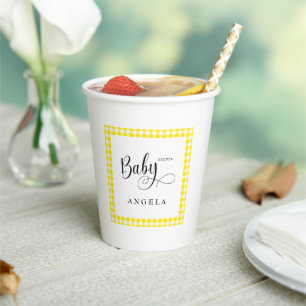 Gobelets En Papier Baby shower En vichy Jaune doux
