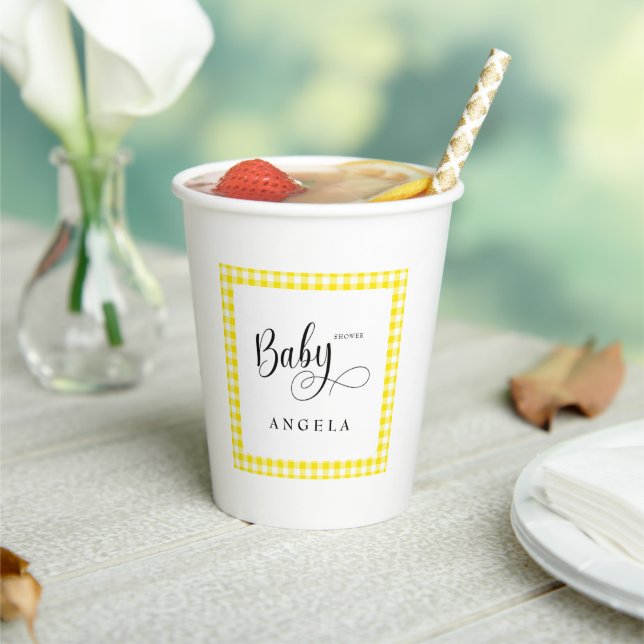 Gobelets En Papier Baby shower En vichy Jaune doux (Insitu)