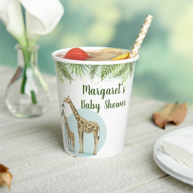 Gobelets En Papier Baby shower Feuille Safari Giraffe Green (Insitu)