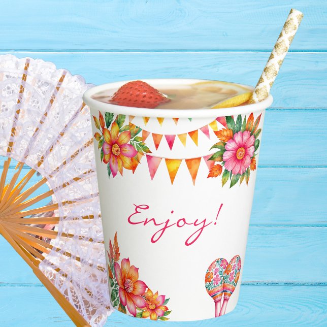 Gobelets En Papier Baby shower Fiesta rose Floral coloré (Créateur téléchargé)