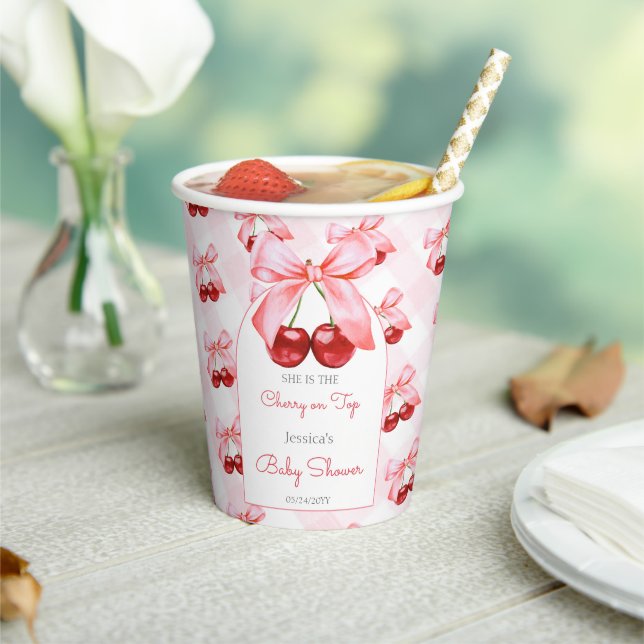 Gobelets En Papier Baby shower fille cerise rose Bow (Insitu)