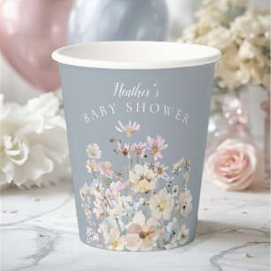 Gobelets En Papier Baby-Shower Fleur Sauvage Bleu Poussiéreux