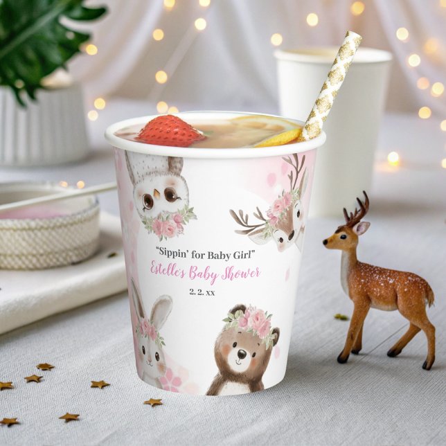 Gobelets En Papier Baby shower fleuri d'animaux mignons en bois (Créateur téléchargé)