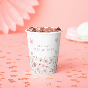 Gobelets En Papier Baby Shower Fleurs Sauvages Papillon Rose
