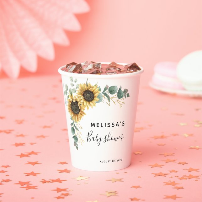 Gobelets En Papier Baby shower floral d'Eucalyptus de tournesol (Insitu)