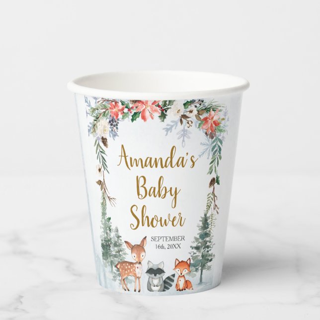 Gobelets En Papier Baby shower forestier d'hiver (Recto)