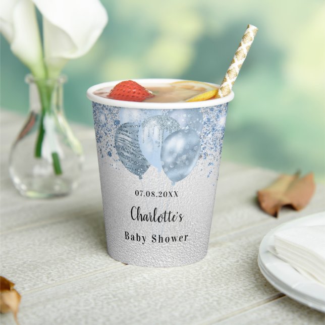 Gobelets En Papier Baby shower garçon argent bleu parties scintillant (Insitu)