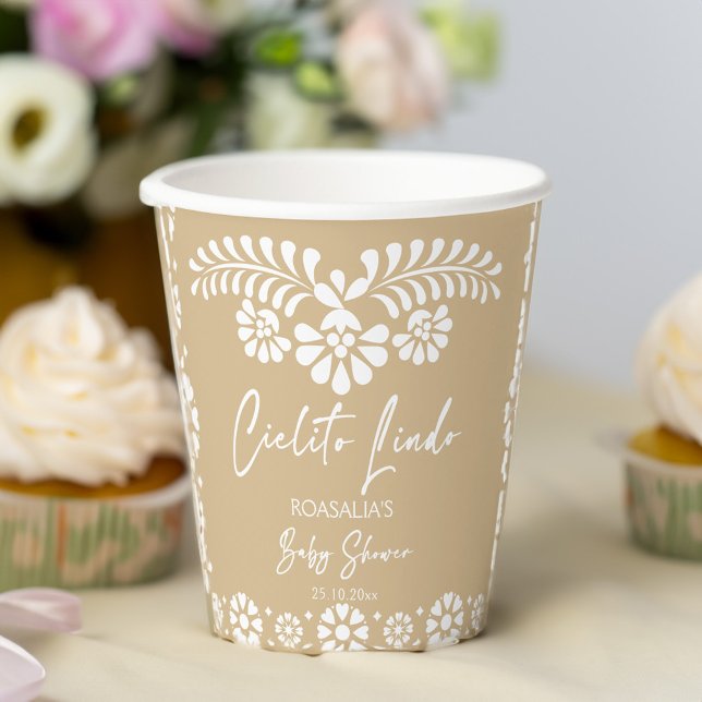 Gobelets En Papier Baby shower mexicain beige Cielito lindo customisé (Cielito lindo beige Mexican fiesta baby shower personalized Paper Cups custom table decor)