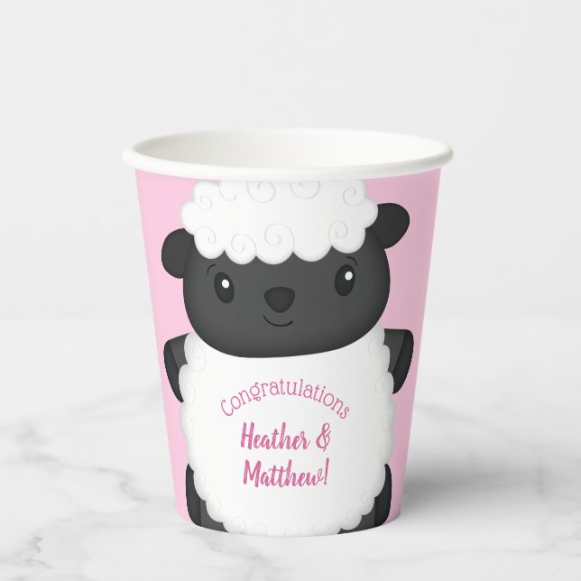 Gobelets En Papier Baby shower mouton rose (Recto)