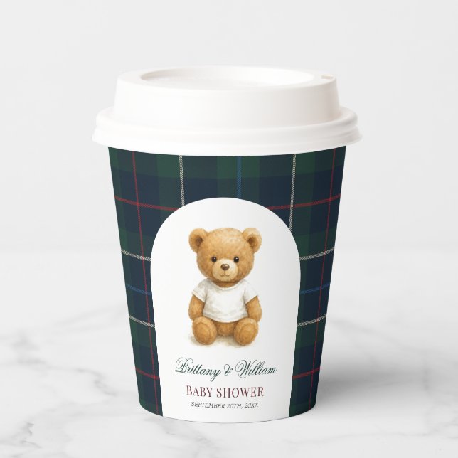 Gobelets En Papier Baby shower Plaid Vert épicé classique (Recto)