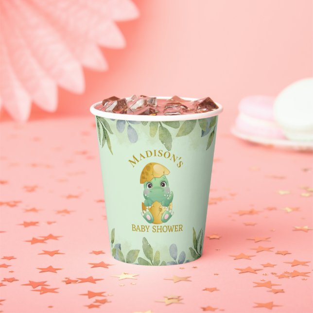 Gobelets En Papier Baby shower pour garçons de dinosaures vert (Insitu)