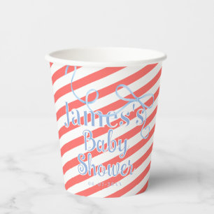Gobelets En Papier Baby shower « Rayures rouges et ruban bleu clair »