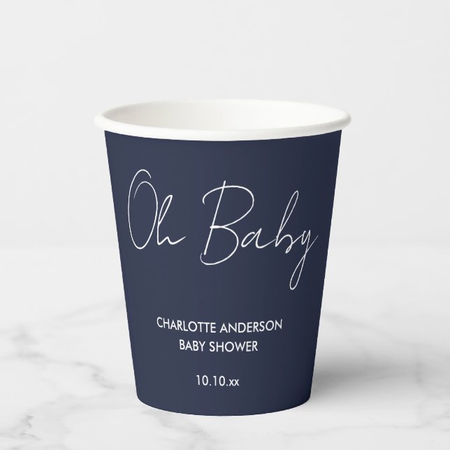 Gobelets En Papier Baby shower script moderne marine bleu élégant (Recto)