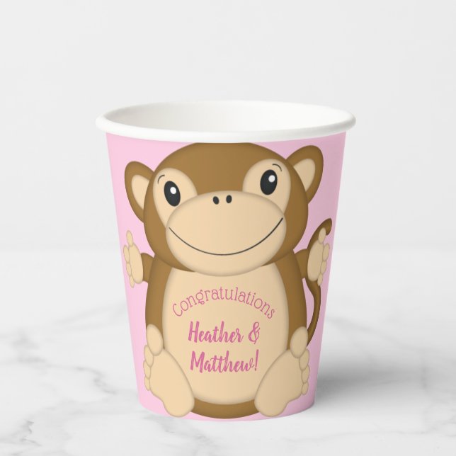 Gobelets En Papier Baby shower singe rose (Recto)