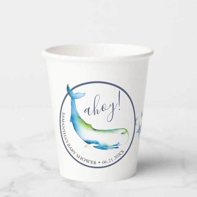 Gobelets En Papier Baby shower Tasses en papier Aquarelle Baleine (Recto)