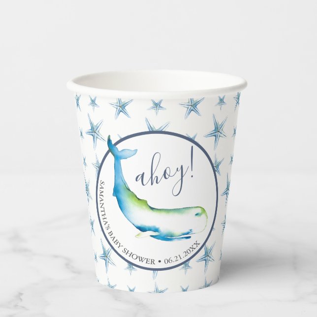 Gobelets En Papier Baby shower Tasses en papier Aquarelle Baleine (Recto)