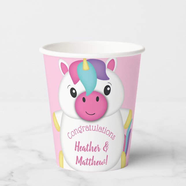 Gobelets En Papier Baby shower Unicorne rose (Recto)