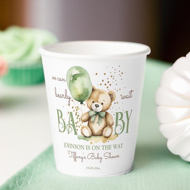Gobelets En Papier Baby shower vert brun brun à l'ours en peluche (Bearly wait teddy bear sage green brown baby shower personalized printed paper cups table decor)