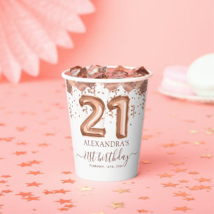 Gobelets En Papier Ballons d'or rose 21e fête d'anniversaire