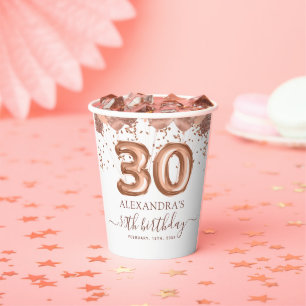 Gobelets En Papier Ballons d'or rose 30e fête d'anniversaire