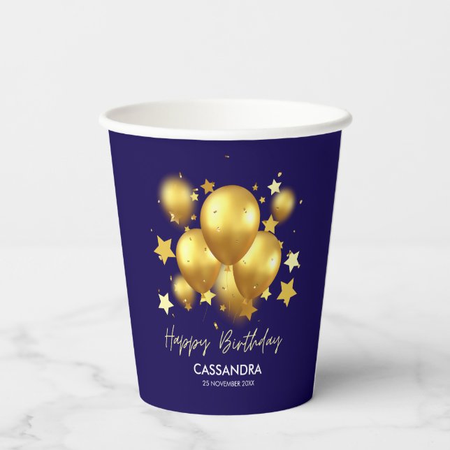 Gobelets En Papier Ballons d'or soyeux Étoiles Marine Anniversaire (Verso)