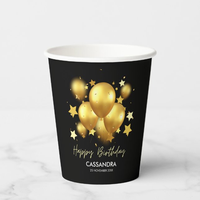 Gobelets En Papier Balloons dorés soyeux Étoiles Anniversaire noir (Verso)