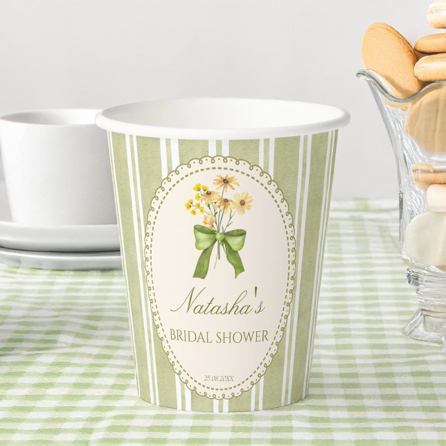 Gobelets En Papier Bandes vert sauge mariage monogramme (Sage green stripes bridal shower monogrammed paper cups grand millennial retro party supplies)