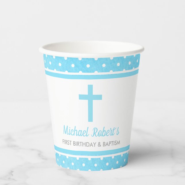 Gobelets En Papier Baptême bébé premier anniversaire Croix Bleue garç (Recto)