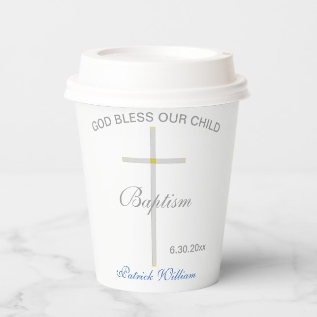 Gobelets En Papier Baptême Blue Nom Silver Gold Cross (Recto)