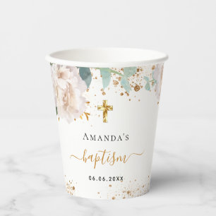 Gobelets En Papier Baptême eucalyptus blanc or floral