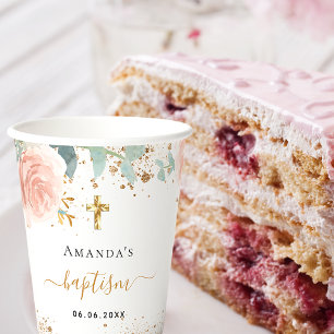 Gobelets En Papier Baptême eucalyptus rose floral fille rose or